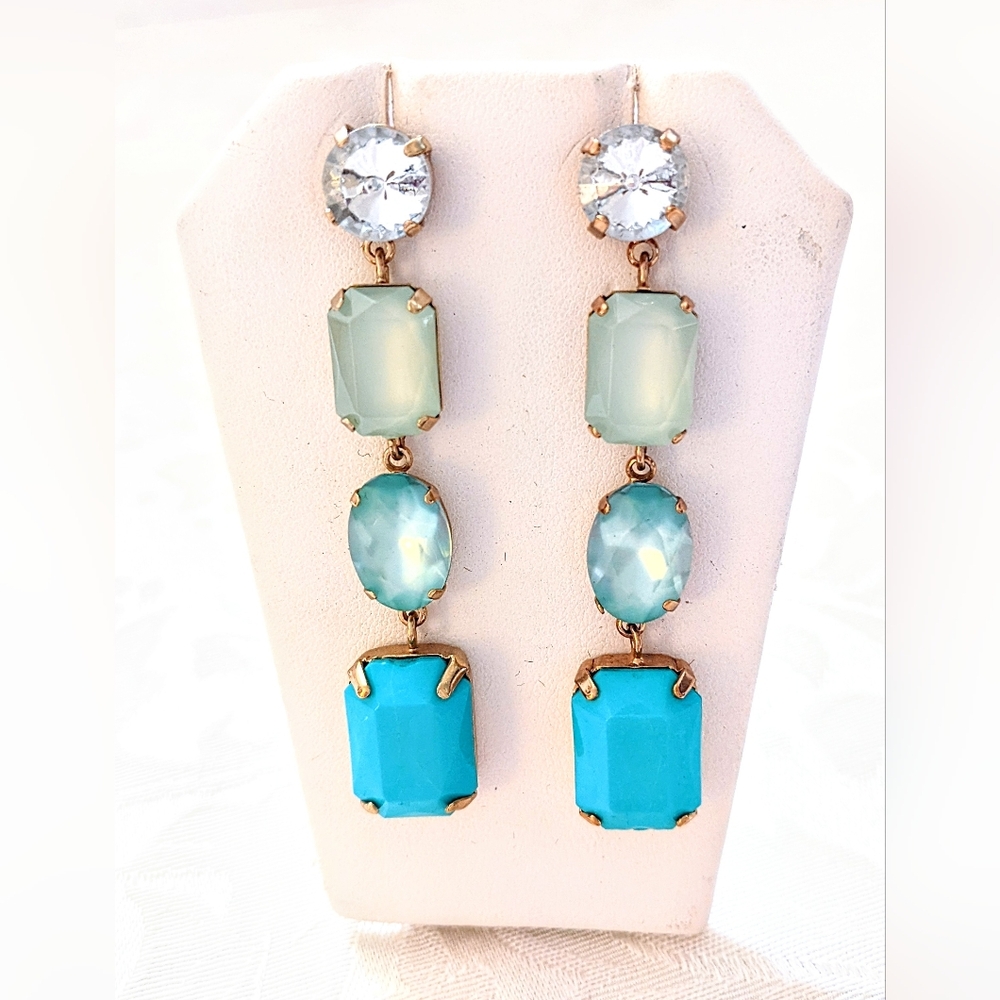 Crystal Drop Earrings Evening Turquoise Blue Celadon Gold Post Pierced Pretty